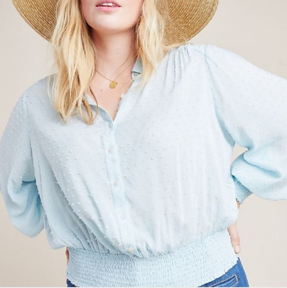 Anthropologie Tops - Anthropologie Maeve Baby Blue Pastel Swiss Dot Button Up Blouse Elastic waist